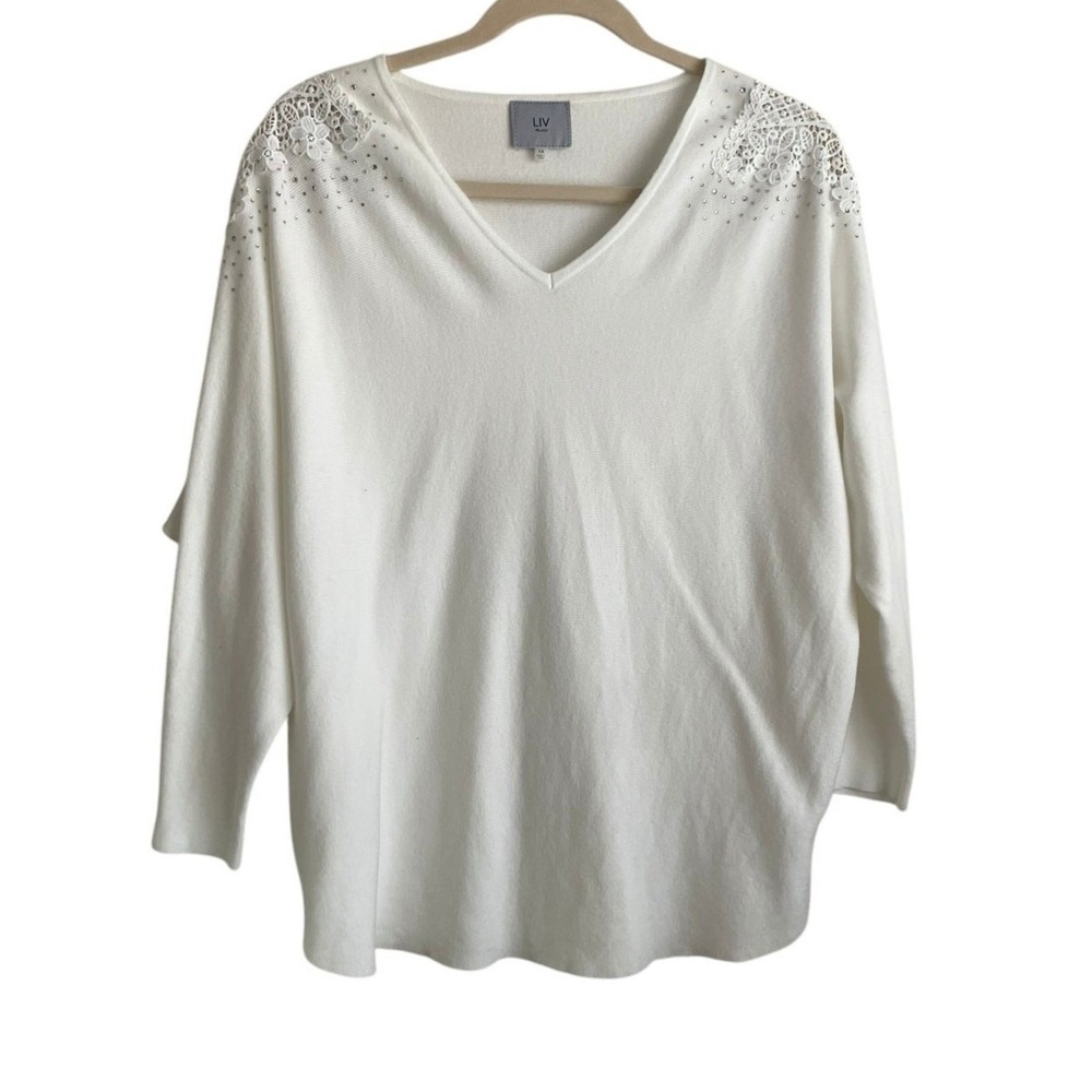 LIV Milano Women Romantic Boho Cottage Chic Sweater 1X White Lace Rhinestone‎